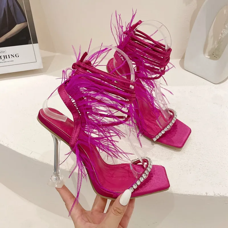 Eilyken Fashion Summer Rhinestone Feather Women Sandals Lace-up Cross-Tied Sexy Gladiator Square Toe Ladies High Heel Shoes
