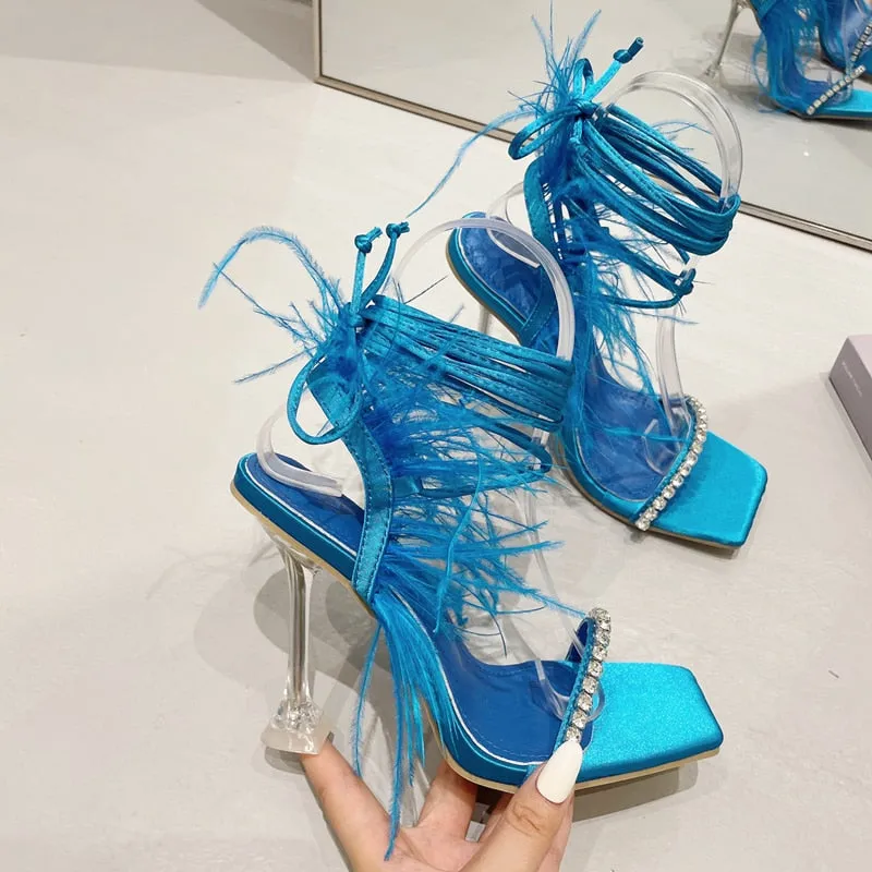 Eilyken Fashion Summer Rhinestone Feather Women Sandals Lace-up Cross-Tied Sexy Gladiator Square Toe Ladies High Heel Shoes