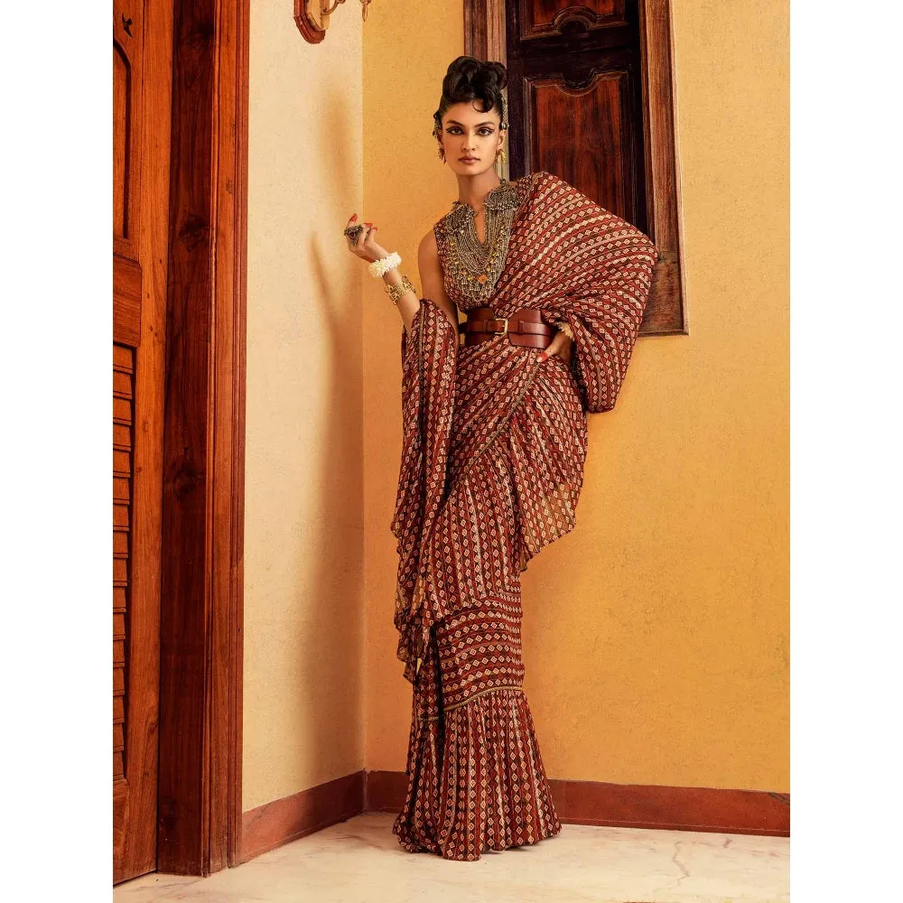 Nadima Saqib Brown Printed and Embroidered Saree with Stitched Blouse