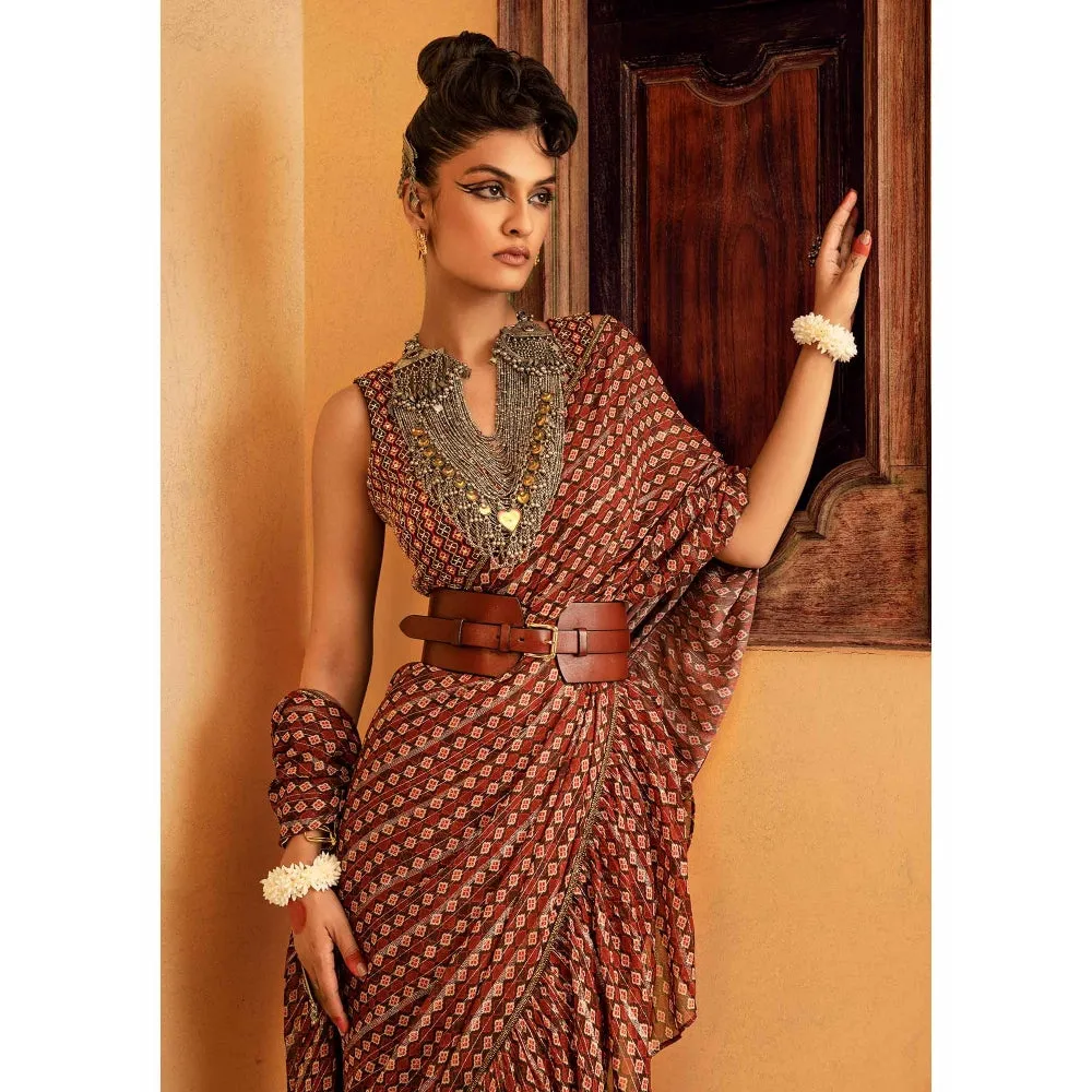 Nadima Saqib Brown Printed and Embroidered Saree with Stitched Blouse