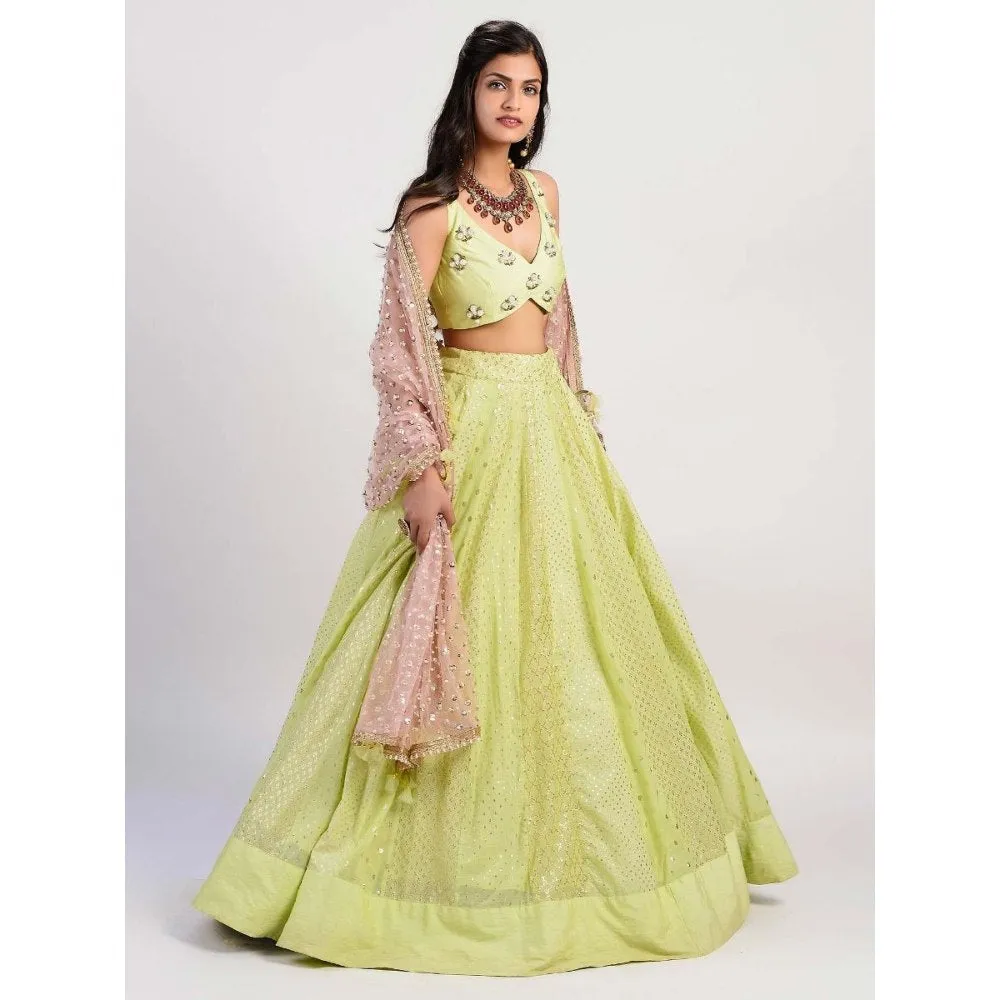 Rishi & Vibhuti Green Embellished Blouse And Lehenga With Dupatta (Set of 3)