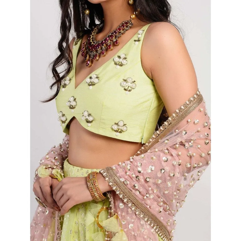 Rishi & Vibhuti Green Embellished Blouse And Lehenga With Dupatta (Set of 3)