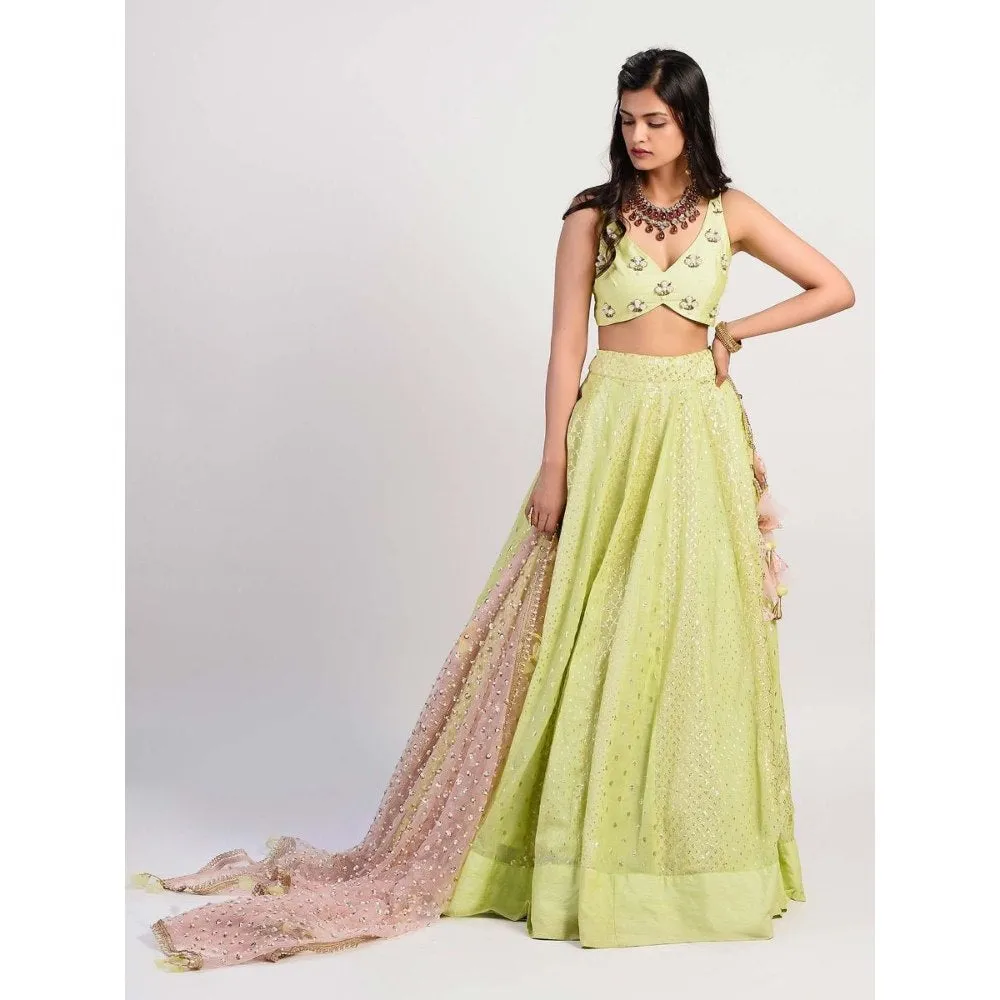 Rishi & Vibhuti Green Embellished Blouse And Lehenga With Dupatta (Set of 3)