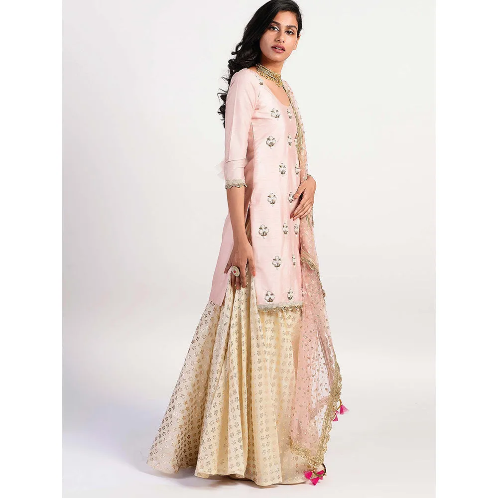 Rishi & Vibhuti Pink Embellished Kurta And Skirt With Dupatta (Set of 3)